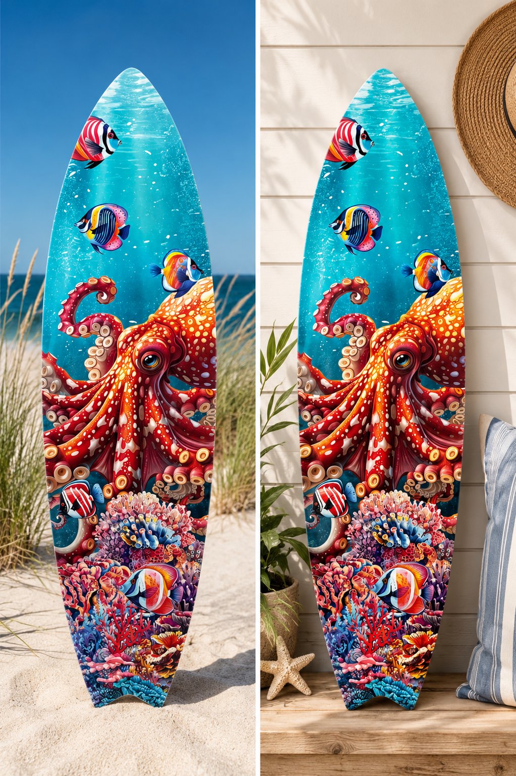 Vibrant Octopus Surfboard Wall Art Decor, Weather Resistant