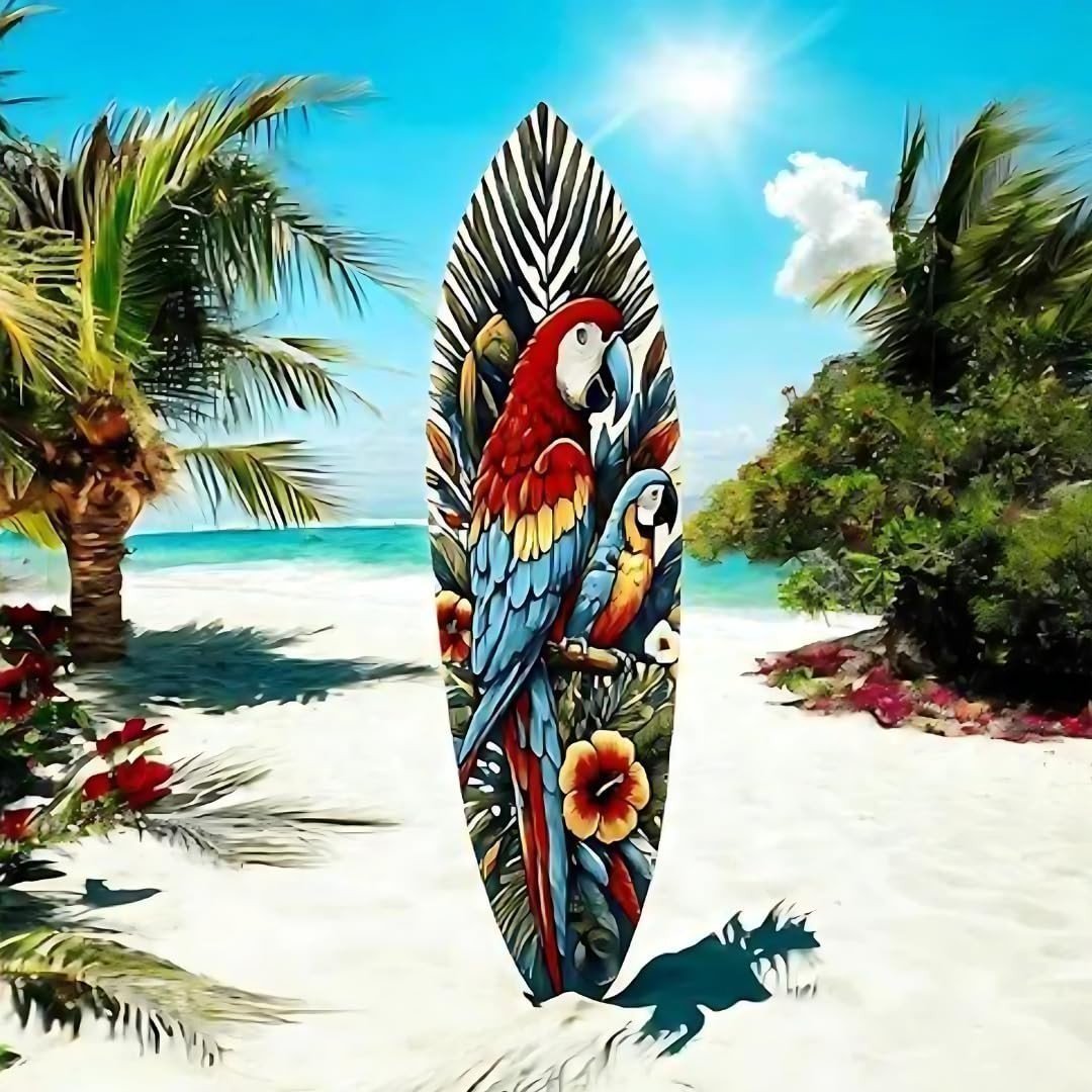 Tropical Parrot Surfboard Wall Art | JennyGems | Macaw & Hibiscus Coastal Decor, Indoor Outdoor PVC