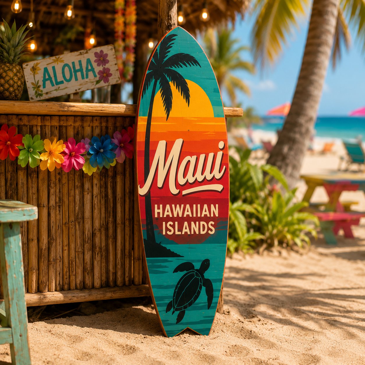 Maui Hawaiian Islands Surfboard Wall Art, Weatherproof PVC, Coastal Decor