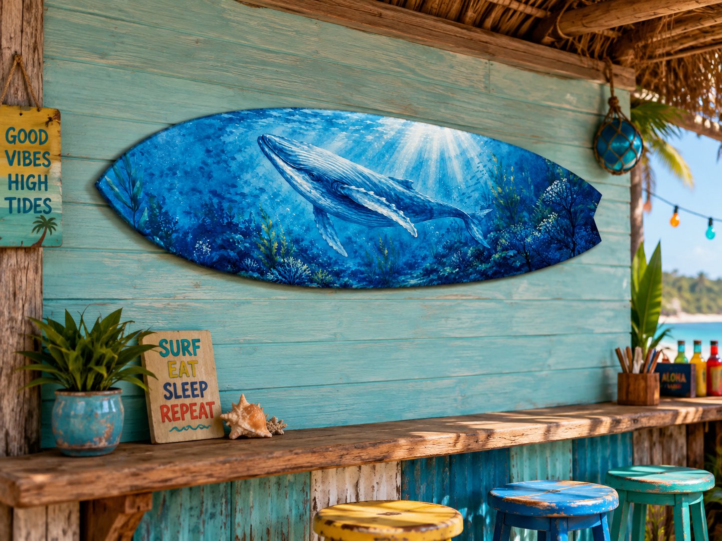 Watercolor Humpback Whale Surfboard Wall Art: Coastal Beach House Decor