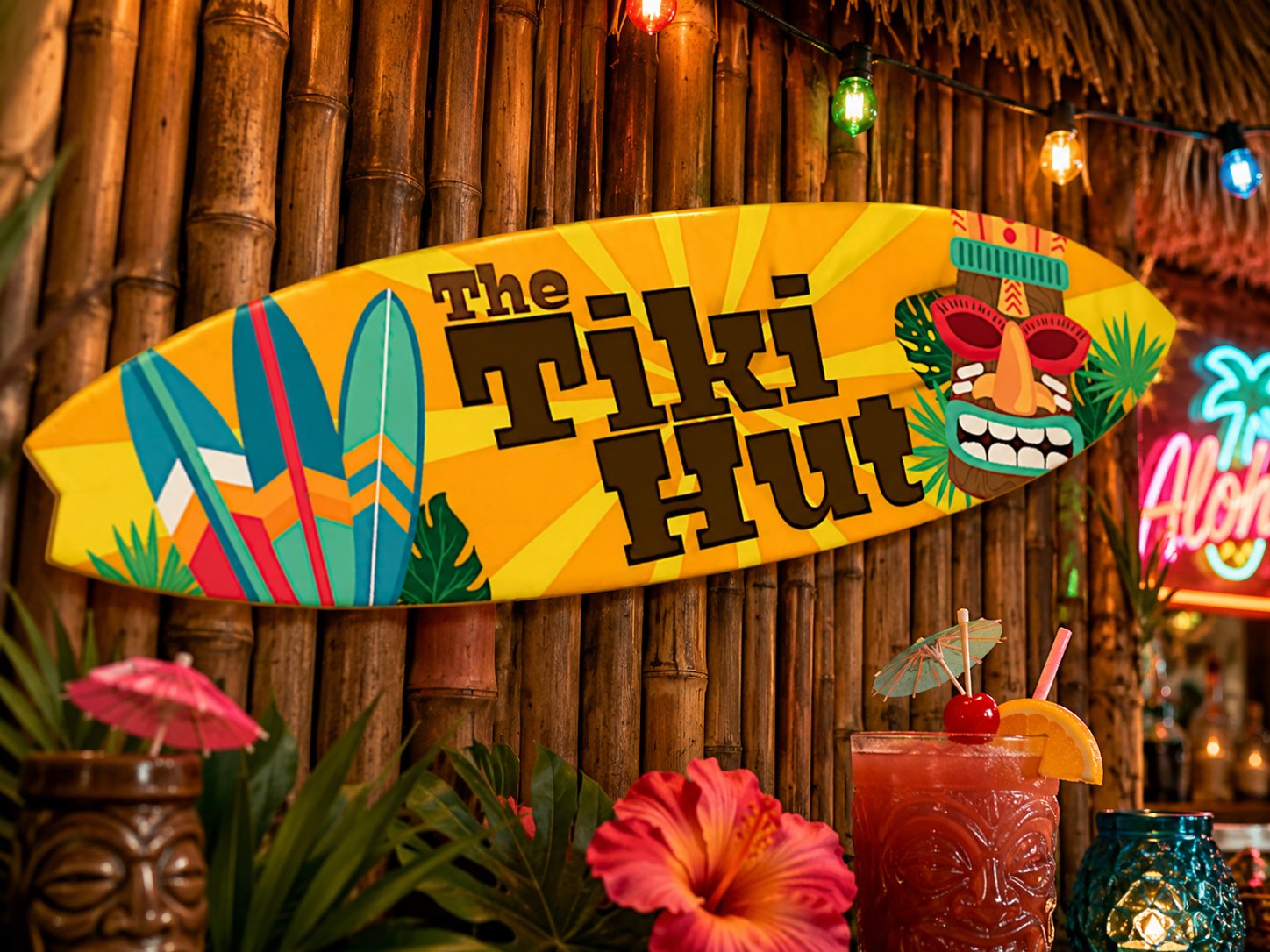 Tiki Hut Surfboard Sign: Tropical Beach Bar Wall Art
