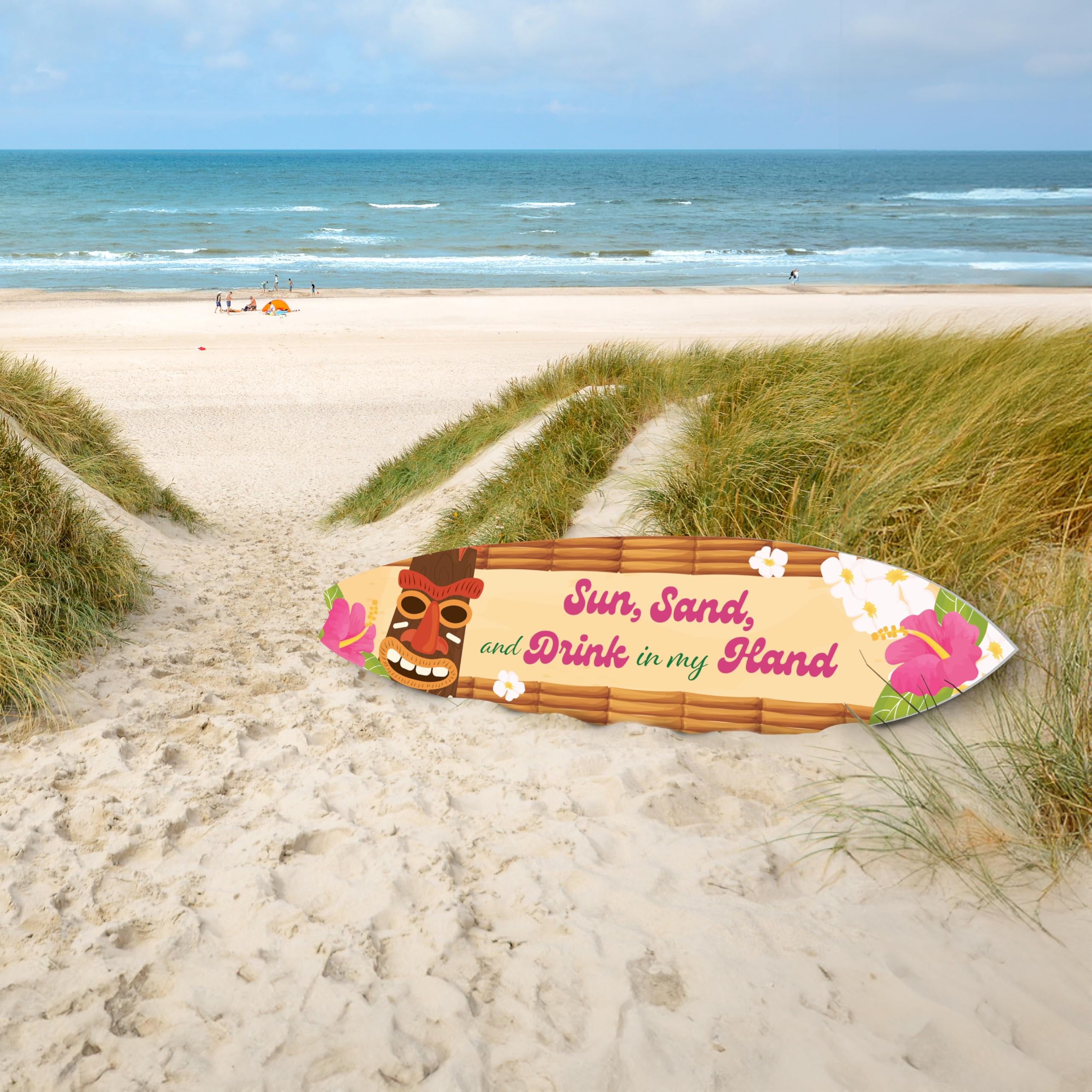 JennyGems Outdoor Tropical Surfboard and Tiki Bar Sign, Sun Sand Drink in Hand, Weather Resistant