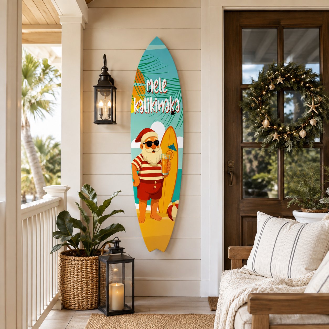 Mele Kalikimaka Christmas Surfboard Wall Art - Weather-Resistant PVC, Tropical Holiday Decor