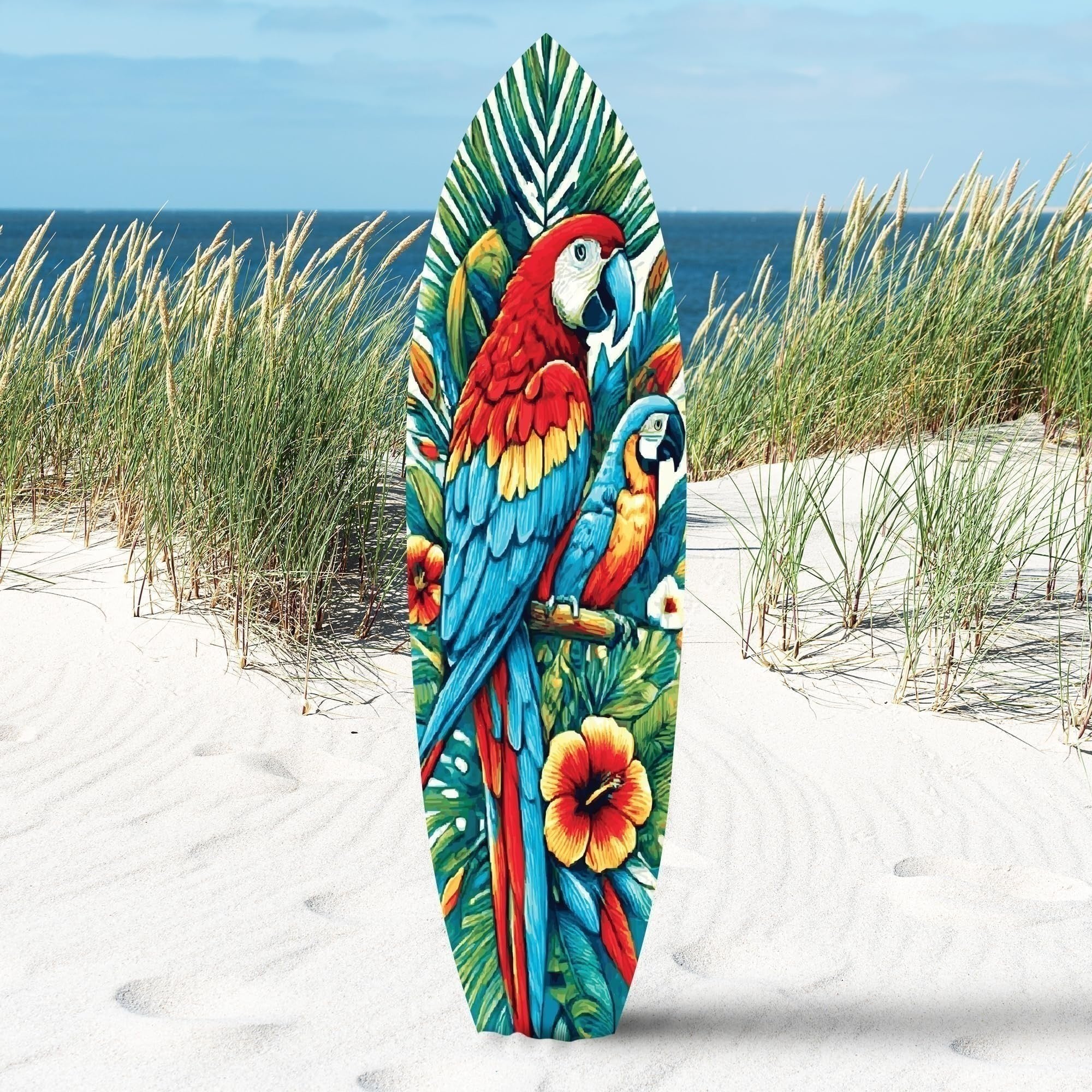 Tropical Parrot Surfboard Wall Art | JennyGems | Macaw & Hibiscus Coastal Decor, Indoor Outdoor PVC