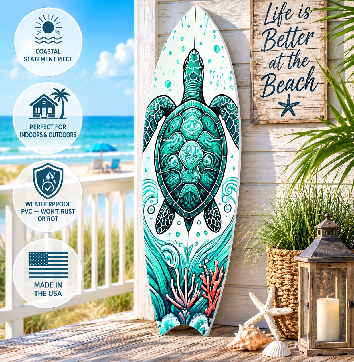 Decorative Turtle Surfboard Wall Art PVC, Weather Resistant