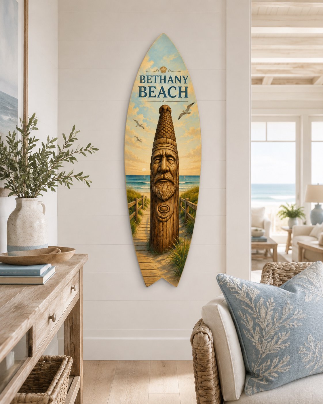 Bethany Beach Surfboard Wall Art: Coastal Lighthouse Decor, Weatherproof PVC