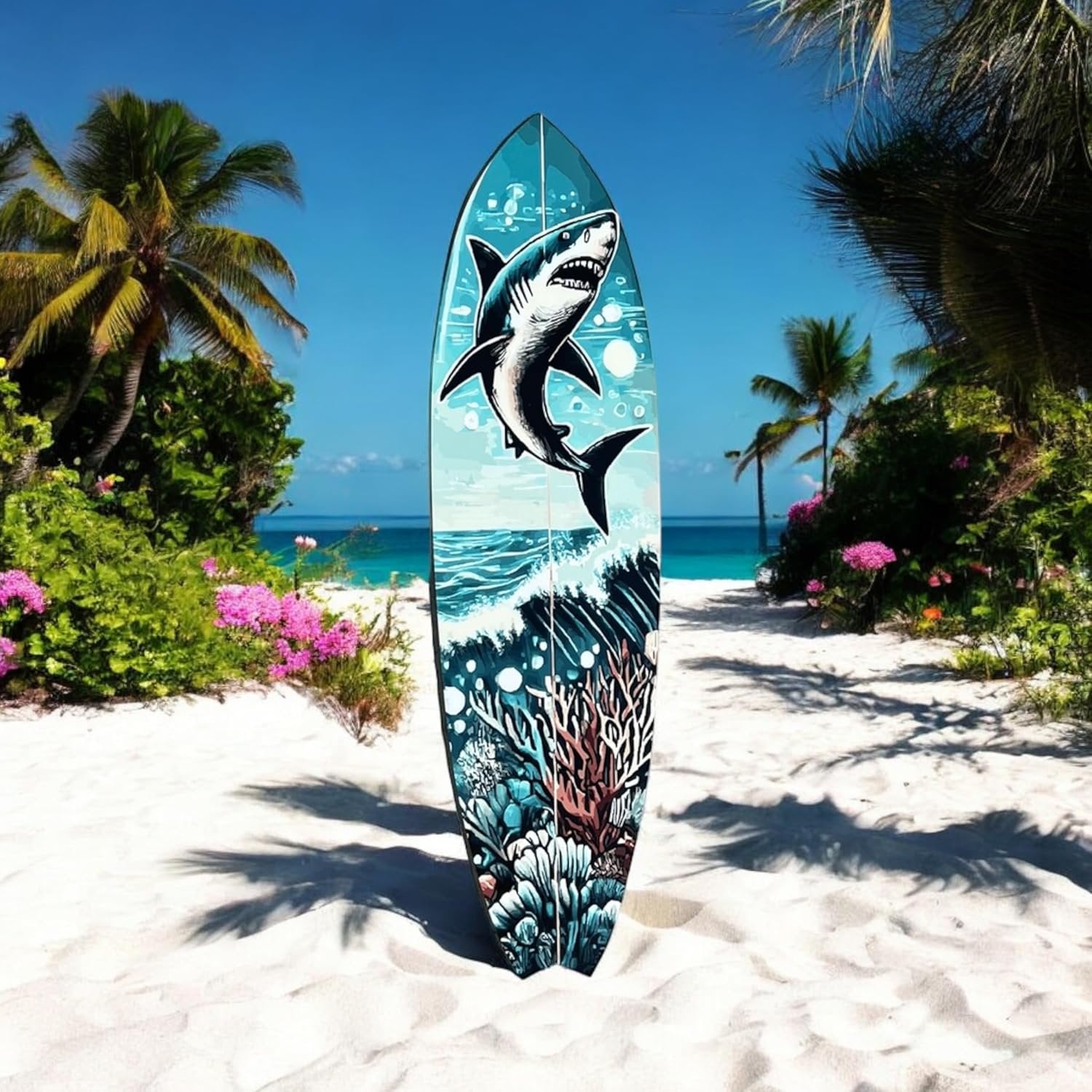 JennyGems Shark Surfboard Wall Art, Ocean Themed Shark Decor, Weather Resistant Indoor Outdoor, 36 x 10 inches