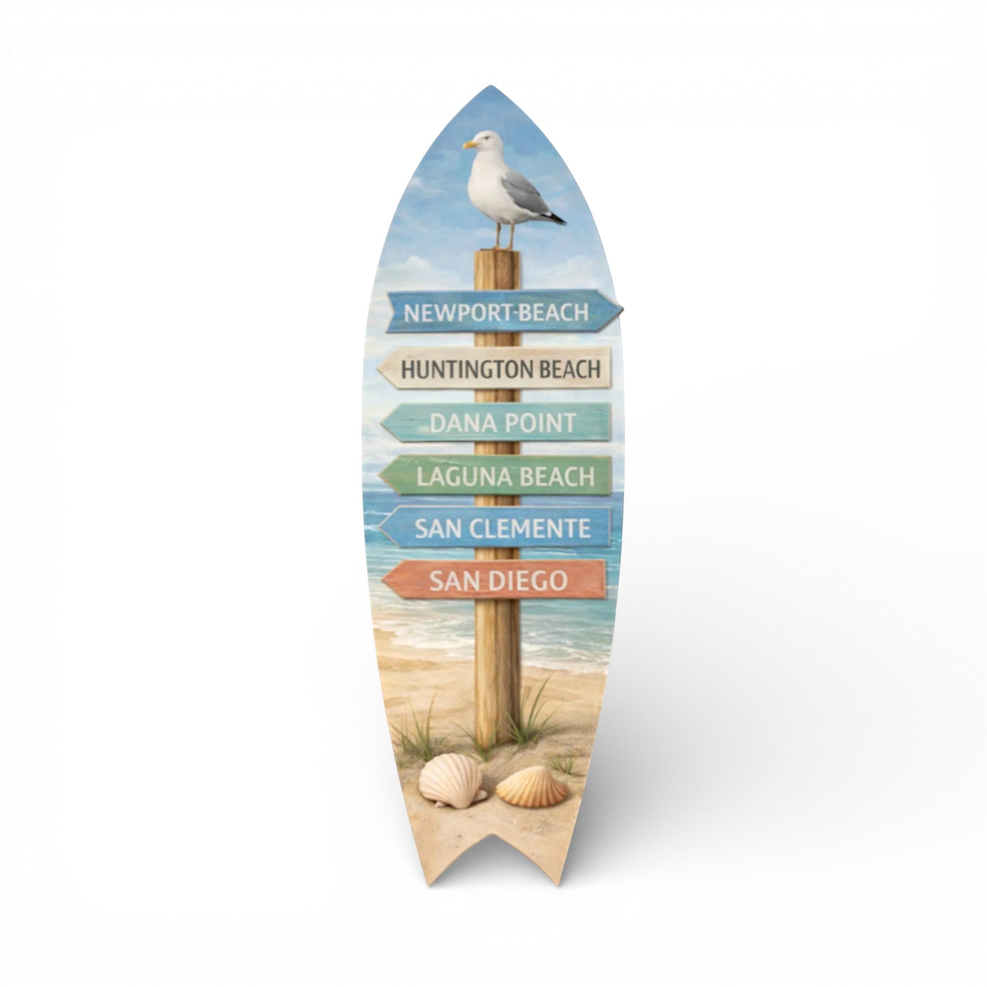 Southern California Surfboard Sign | Newport Beach Huntington Laguna Decor | Coastal Directional Wall Art | Beach House Surf Decor