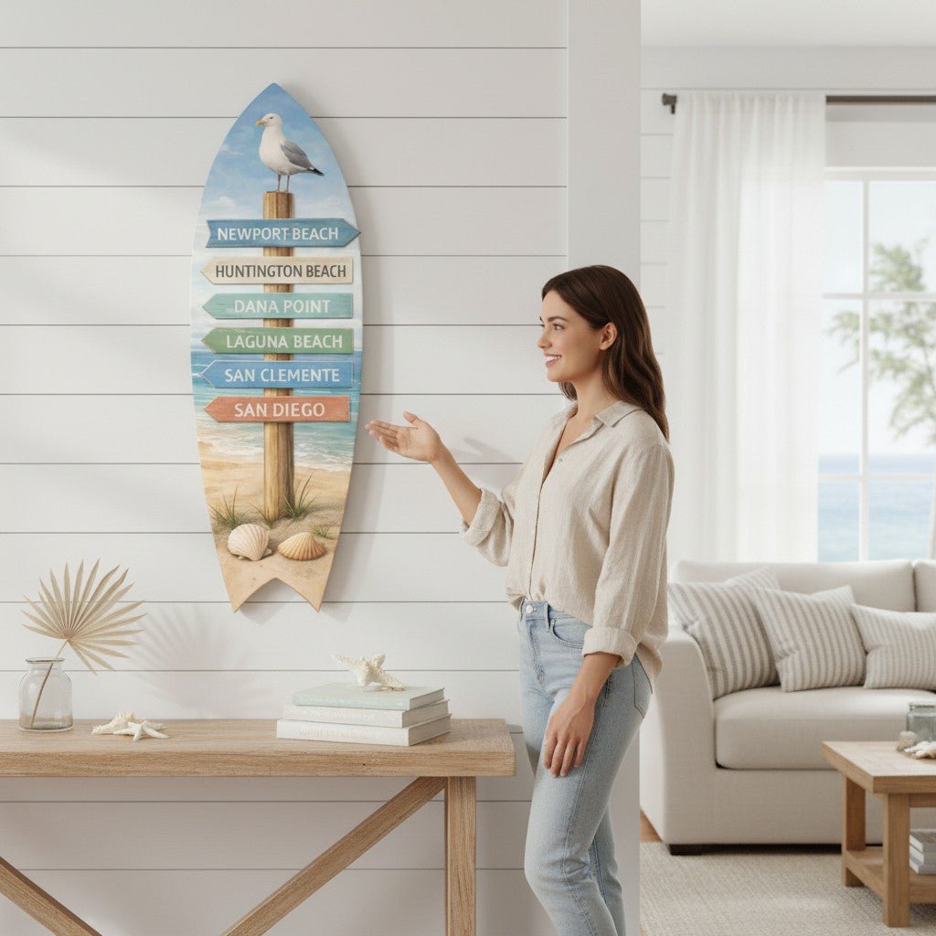 Southern California Surfboard Sign | Newport Beach Huntington Laguna Decor | Coastal Directional Wall Art | Beach House Surf Decor - Surfboard Life