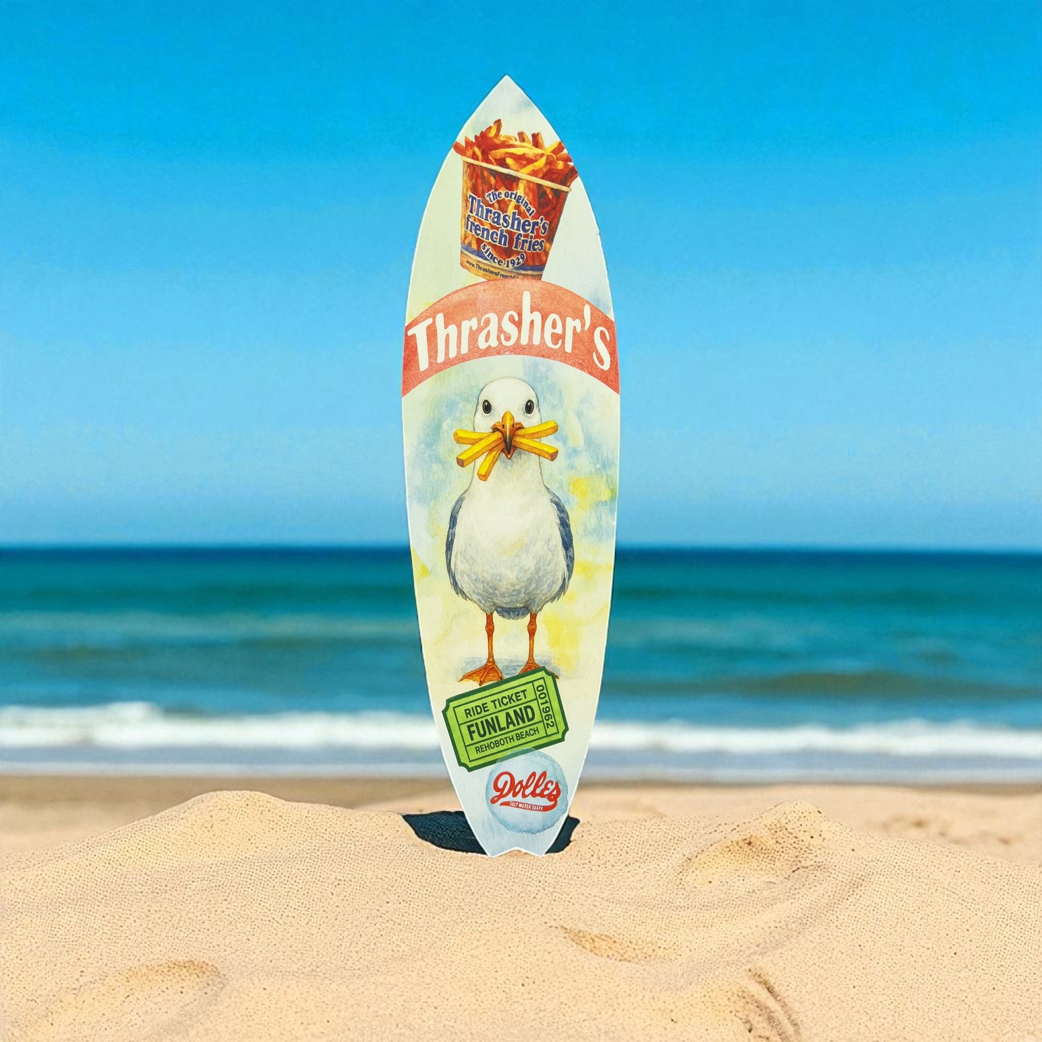 Rehoboth Beach Surfboard Sign – Seagull Beach Decor | Rehoboth Boardwalk Coastal Wall Art