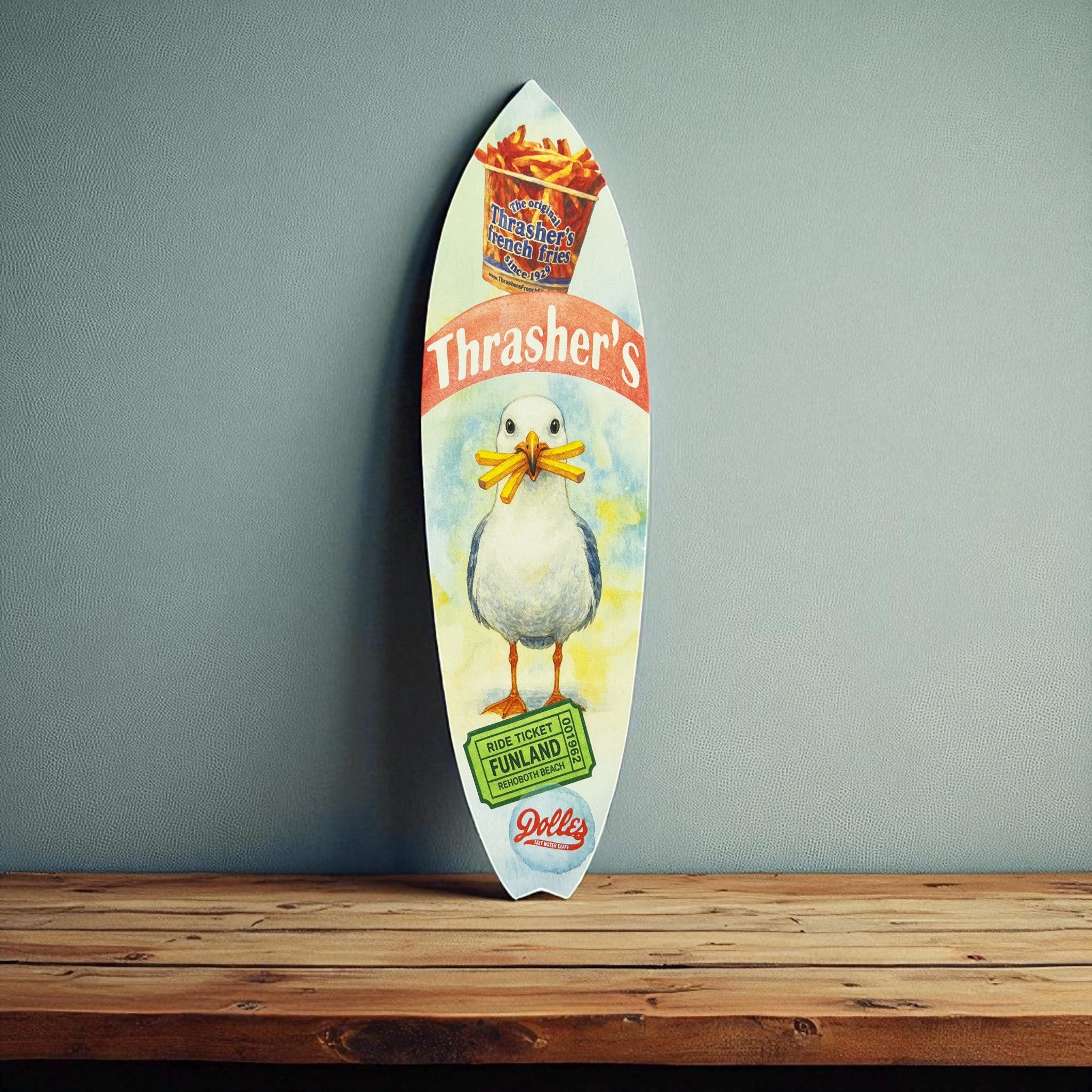 Rehoboth beach décor, Thrasher’s fries sign, seagull surfboard art, coastal wall décor, Delaware beach gift, beach house surfboard sign, boardwalk souvenir, nautical wall art